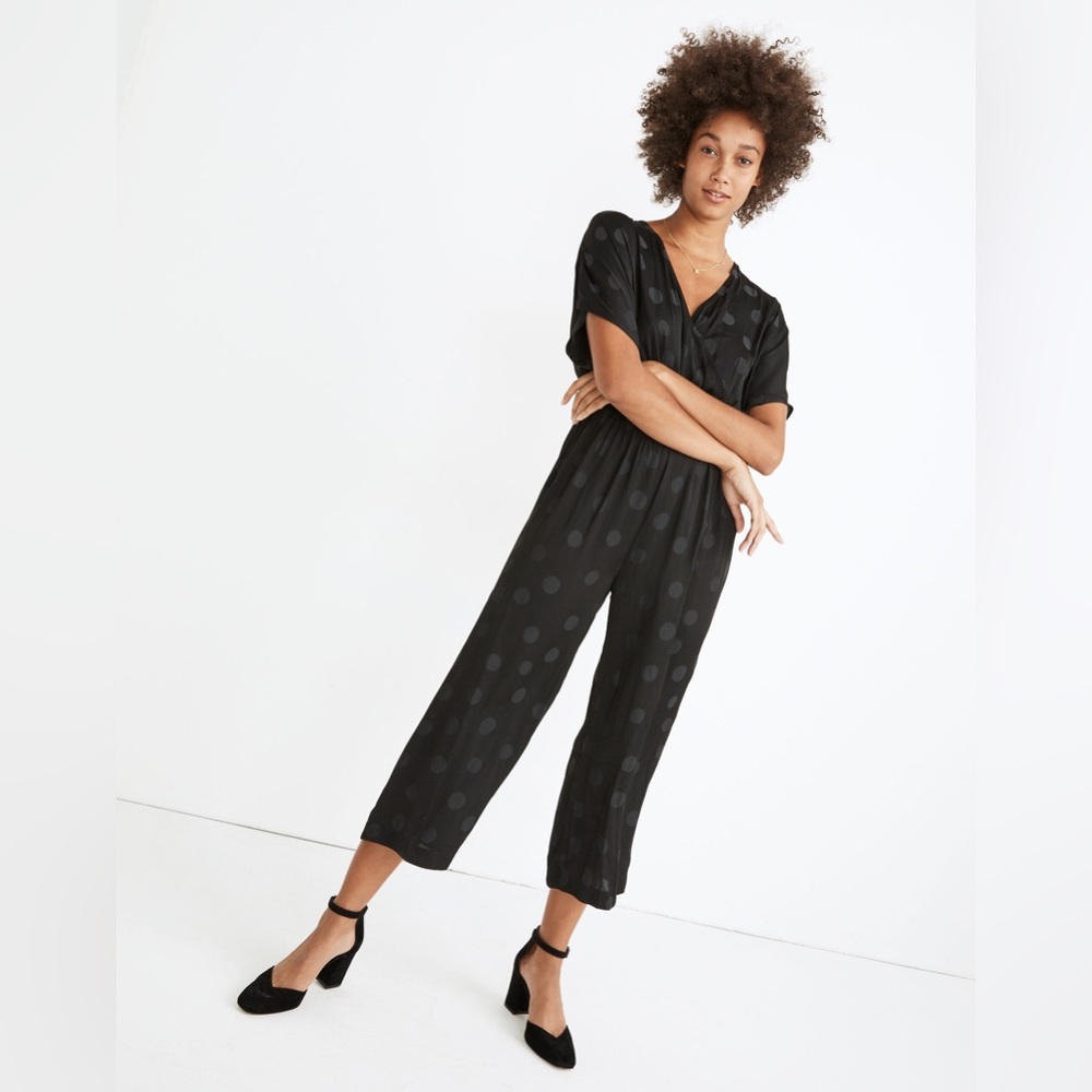 Madewell Wrap Front Smock-Waist Jumpsuit in Dot Jacquard, size XXL
